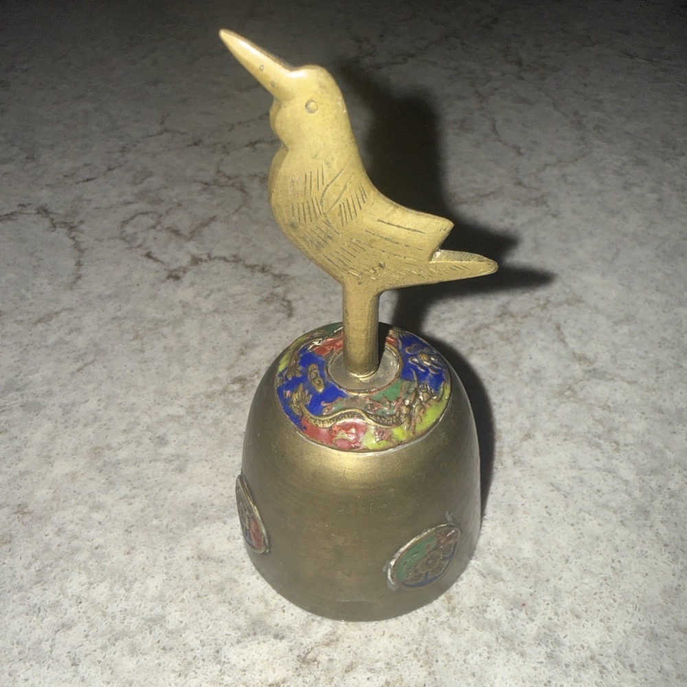 Vintage Brass Bird Bell Ornate Etched Pointy Beak Hummingbird Painted Flowers